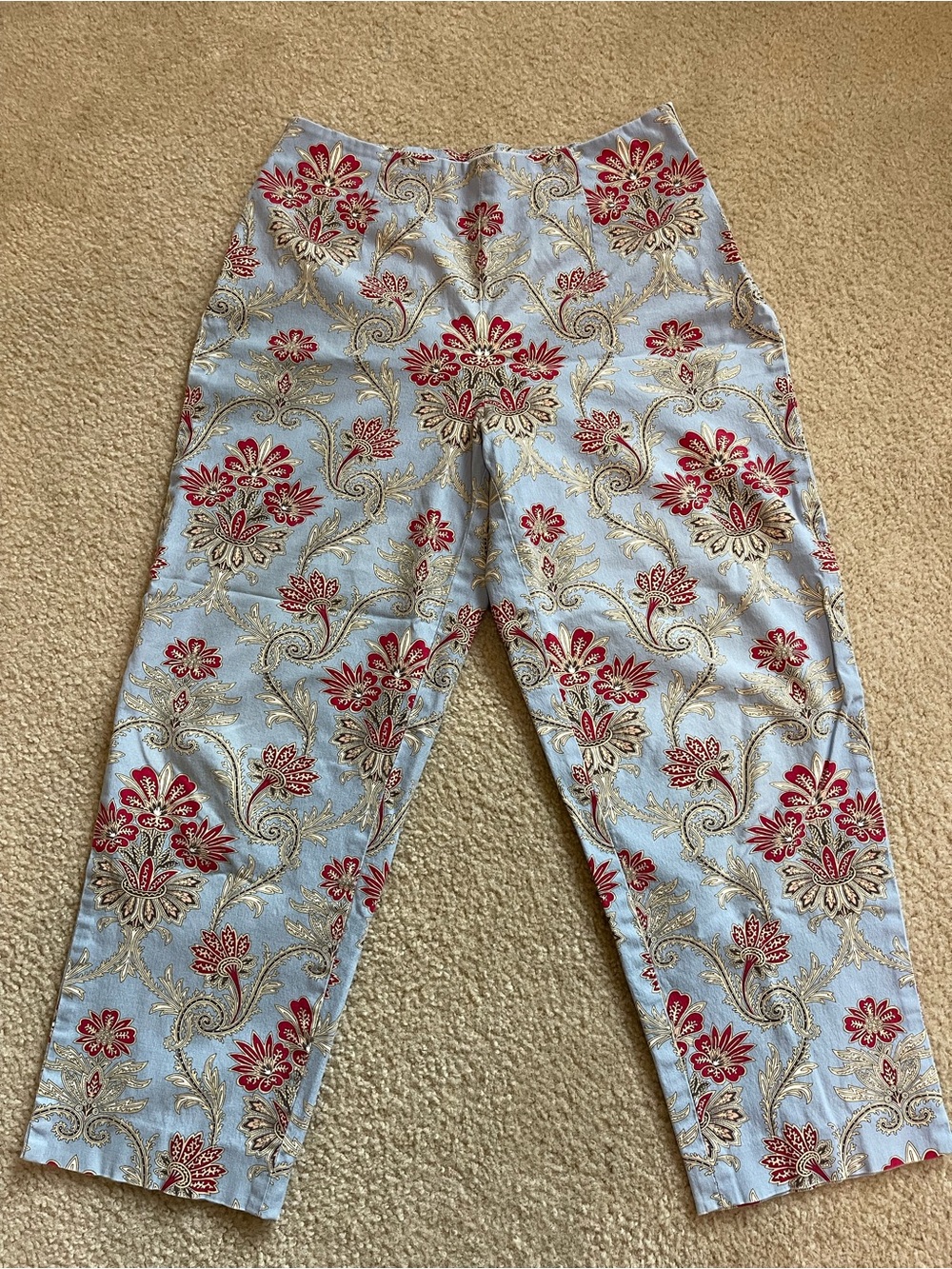 Talbots Light Blue Brocade Floral Pants with Red and Gold Accents